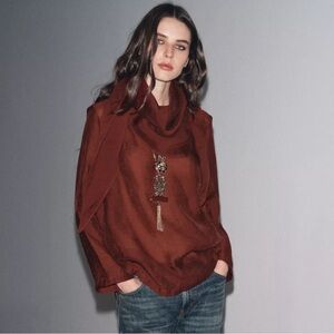 ZARA FLOWY BLOUSE WITH MULTI-POSITION SCARF ZW COLLECTION M NWT. Brick Red/Brown